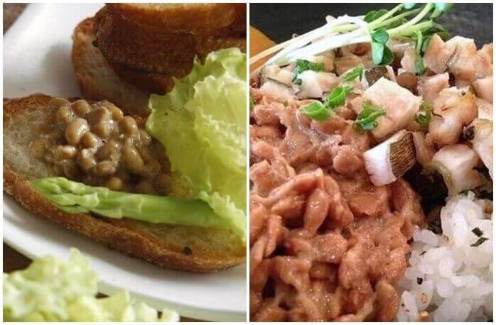 좌: 바게트 빵 위에 나토 올려진 요리 / 우 : 쌀밥 위에 야채와 나토가 올려진 요리
