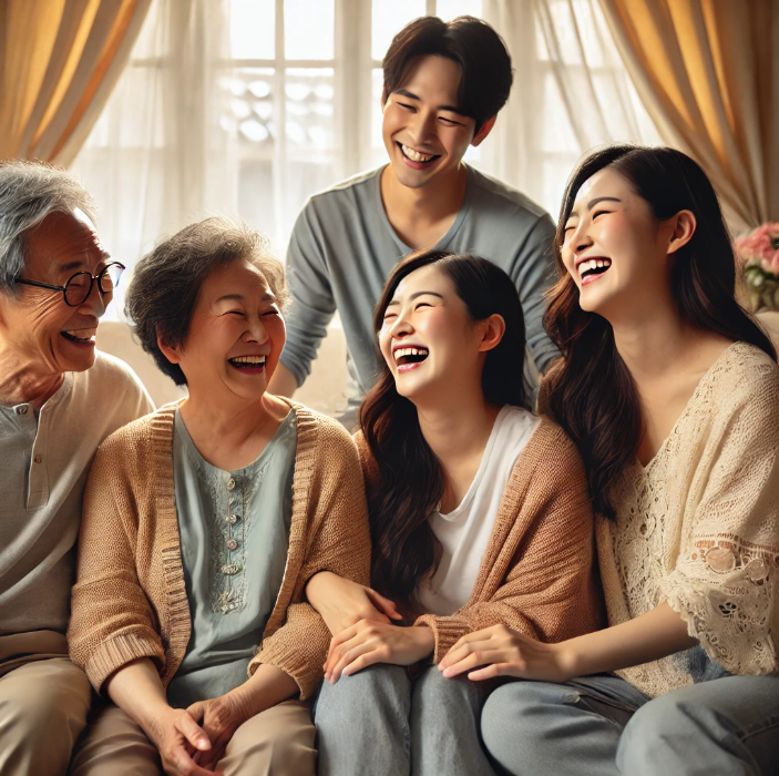 가족들이 함께 웃으며 대화를 나누는 장면