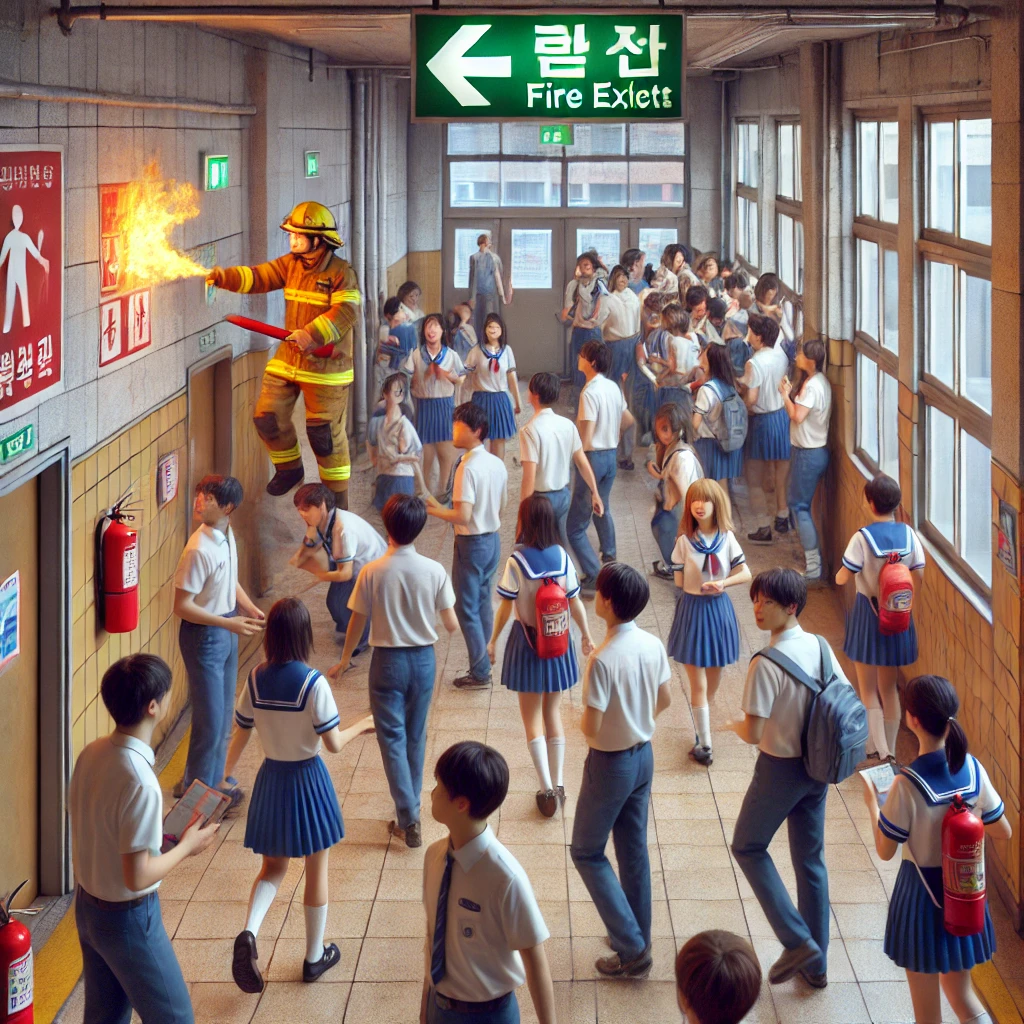 한국 고등학교에서 진행되는 화재 대피 훈련&amp;#44; 소방관이 소화기 사용법을 교육하는 모습
