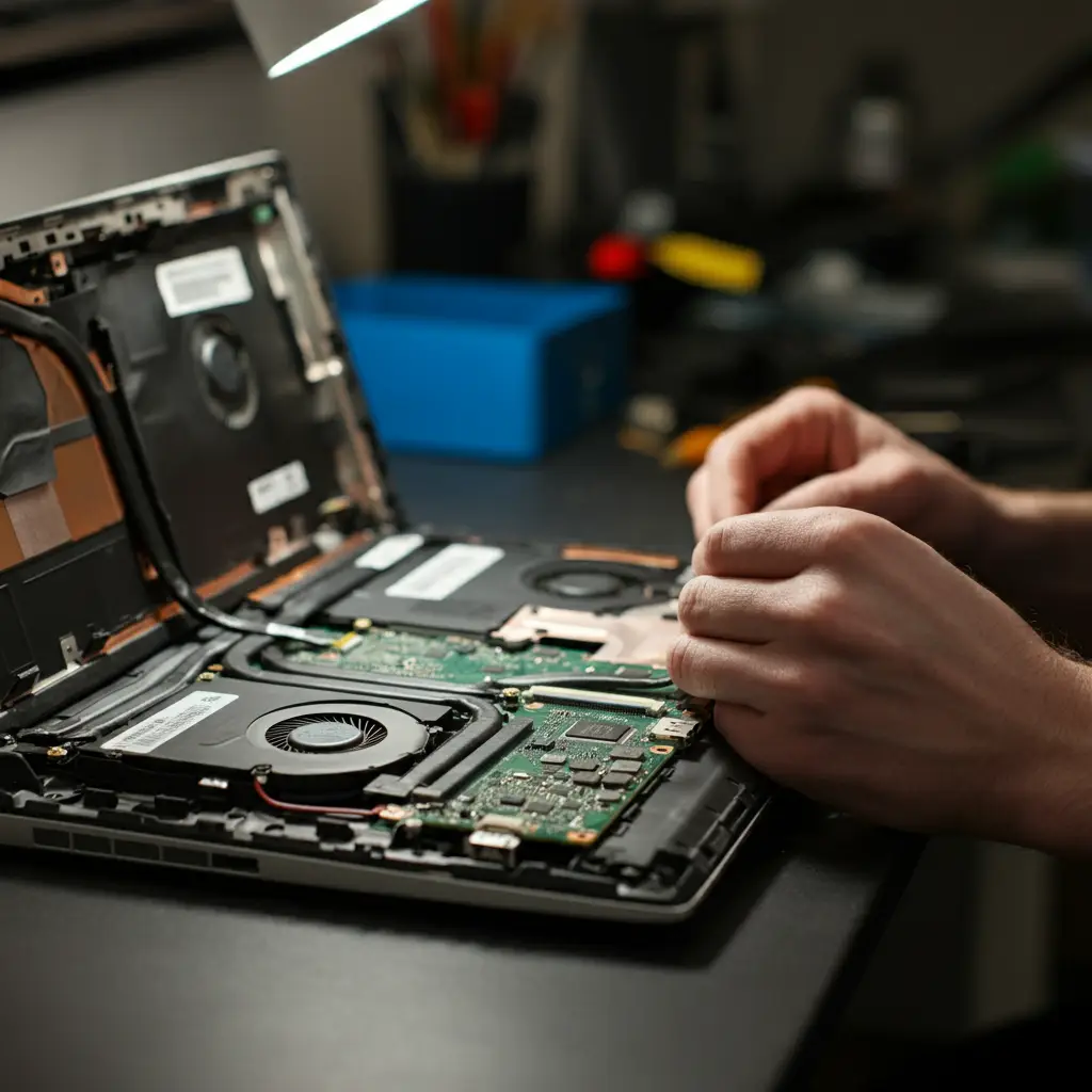 노트북을 분해하여 수리하고 있는 모습