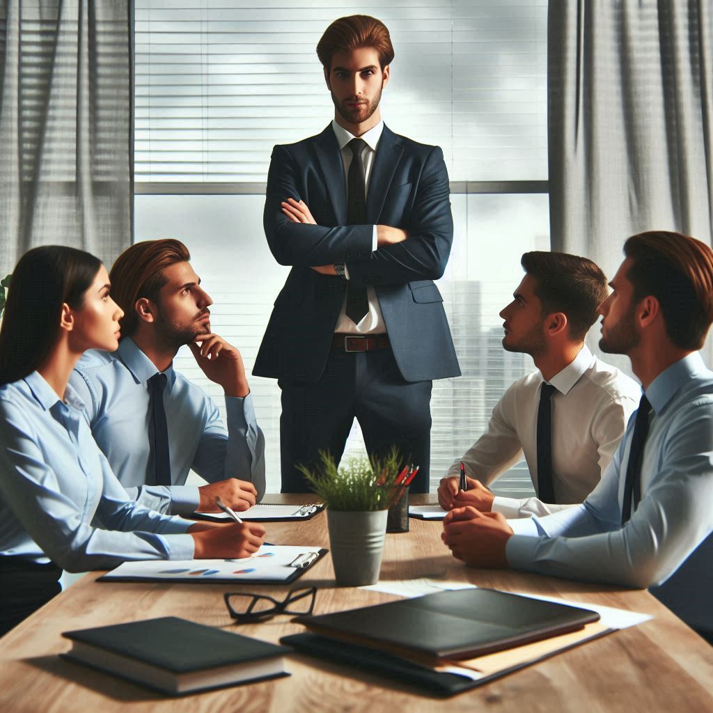 A professional office setting with a dominant figure overshadowing other workers, representing a narcissistic boss in a workplace environment. The image should convey tension but also show signs of resilience among the employees.