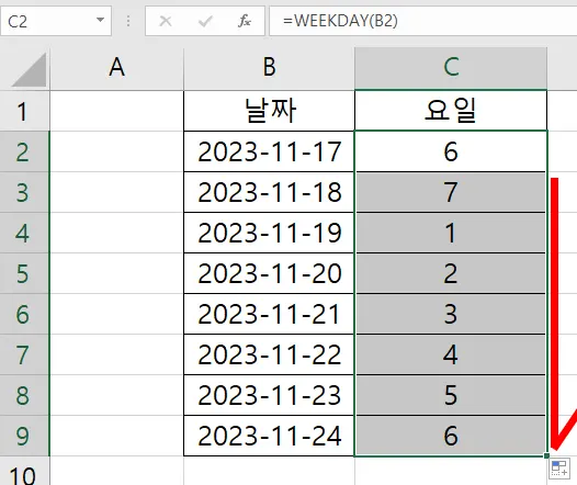 엑셀 weekday 함수를 통해 반환값이 입력된 모습