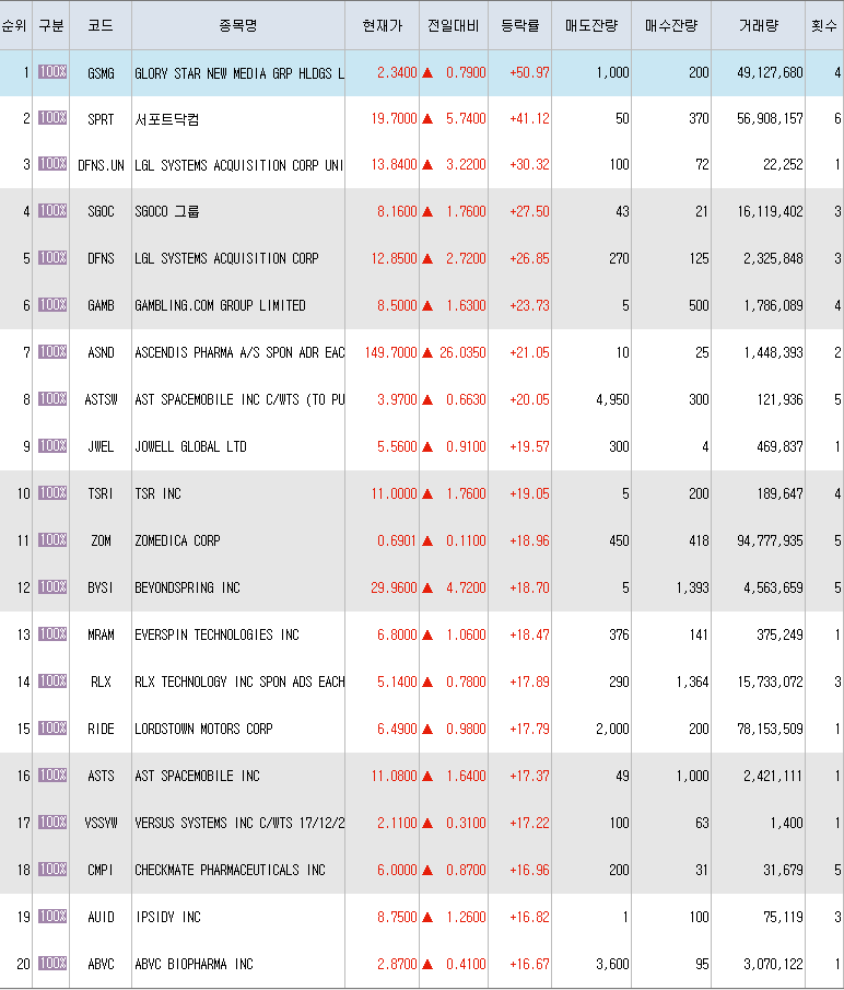  8월26일 미국주식 상승률 상위 종목 TOP 300