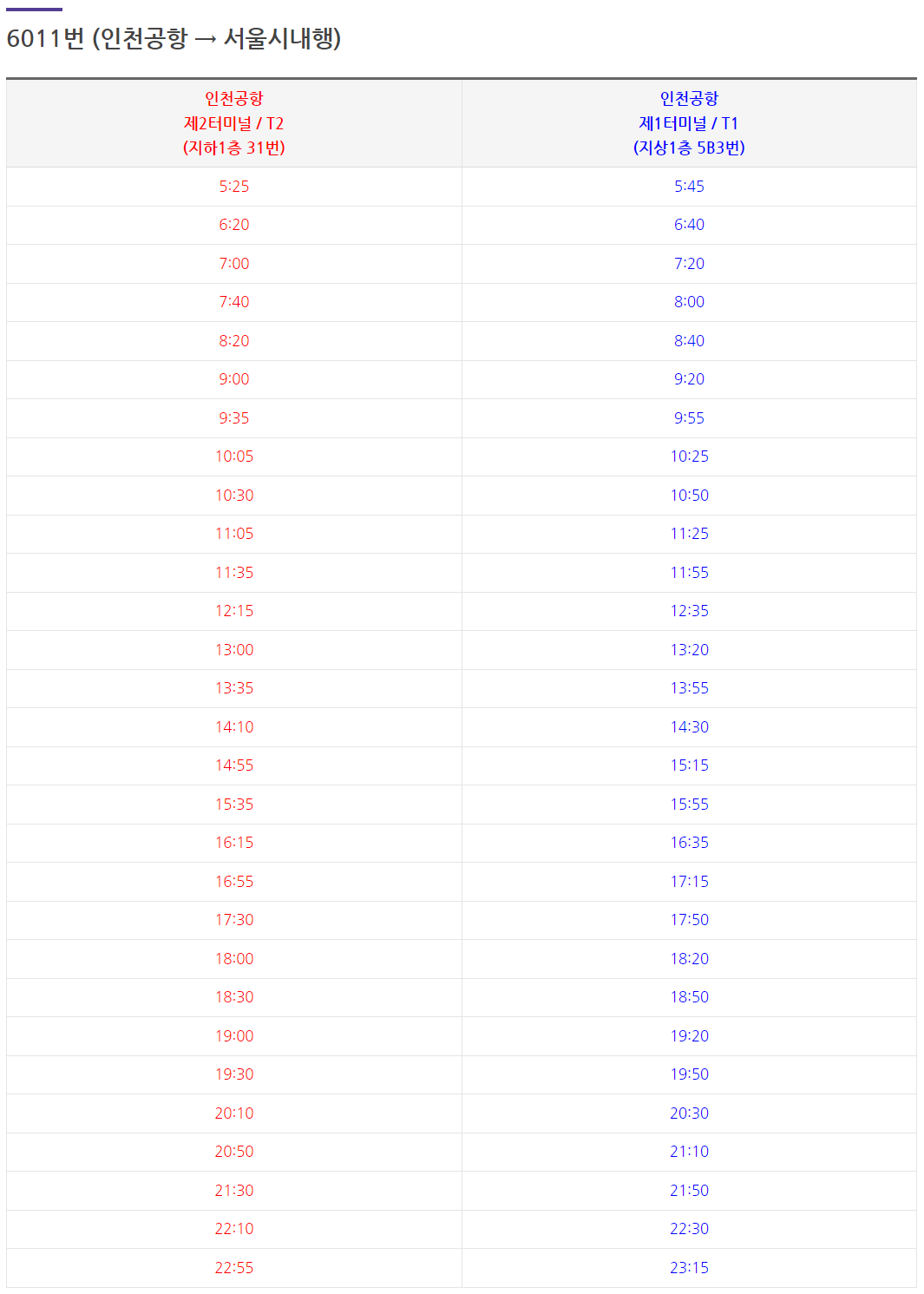 6011 인천방향 서울시내 시간표