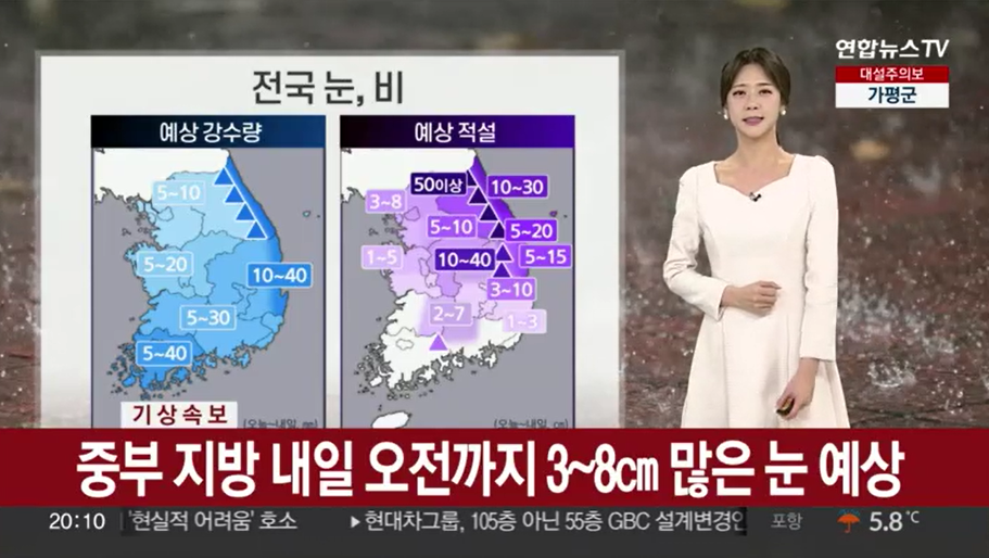 중부 지방 22일 오전까지 3에서 8센치 많은 눈이 예상되고 있다