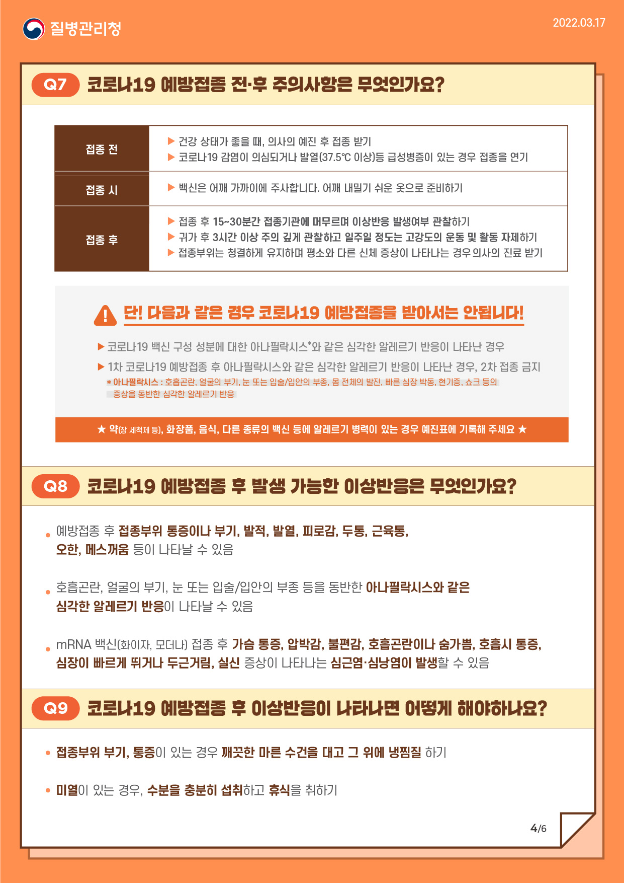 Q7. 코로나19 예방접종 전&amp;middot;후 주의사항은 무엇인가요? 

접종 전
▸건강 상태가 좋을 때, 의사의 예진 후 접종 받기
▸코로나19 감염이 의심되거나 발열(37.5℃ 이상)등 급성병증이 있는 경우 접종을 연기 
접종 시
▸백신은 어깨 가까이에 주사합니다. 어깨 내밀기 쉬운 옷으로 준비하기
접종 후
▸접종 후 15~30분간 접종기관에 머무르며 이상반응 발생여부 관찰하기
▸귀가 후 3시간 이상 주의 깊게 관찰하고 일주일정도는 고강도의 운동 및 활동 자제하기
▸접종부위는 청결하게 유지하며 평소와 다른 신체 증상이 나타나는 경우 의사의 진료 받기

단 ! 다음과 같은 경우 코로나19 예방접종을 받아서는 안됩니다!
▸코로나19 백신 구성 성분에 대한 아나필락시스*와 같은 심각한 알레르기 반응이 나타난 경우 
▸1차 코로나19 예방접종 후 아나필락시스와 같은 심각한 알레르기 반응이 나타난 경우 2차 접종 금지
 * 아나필락시스: 호흡곤란, 얼굴의 부기, 눈 또는 입술/입안의 부종, 몸 전체의 발진, 빠른 심장 박동, 현기증, 쇼크 등의 증상을 동반한 심각한 알레르기 반응 
 ★ 약(장 세척제 등), 화장품, 음식, 다른 종류의 백신 등에 알레르기 병력이 있는 경우 예진표에 기록해 주세요★

Q8. 코로나19 예방접종 후 발생 가능한 이상반응은 무엇인가요?

▸예방접종 후 접종부위 통증이나 부기, 발적, 발열, 피로감, 두통, 근육통, 오한, 메스꺼움 등이 나타날 수 있음 
▸호흡곤란, 얼굴의 부기, 눈 또는 입술/입안의 부종 등을 동반한 아나필락시스와 같은 심각한 알레르기 반응이 나타날 수 있음 
▸mRNA 백신(화이자, 모더나) 접종 후 가슴 통증, 압박감, 불편감, 호흡곤란이나 숨가쁨, 호흡시 통증, 심장이 빠르게 뛰거나 두근거림, 실신 증상이 나타나는 심근염&amp;middot;심낭염이 발생할 수 있음

Q9. 코로나19 예방접종 후 이상반응이 나타나면 어떻게 해야하나요?

▸접종부위 부기, 통증이 있는 경우 깨끗한 마른 수건을 대고 그위에 냉찜질 하기 
▸미열이 있는 경우, 수분을 충분히 섭취하고 휴식을 취하기 
▸발열이나 근육통 등으로 불편함이 있는 경우 해열진통제를 복용하기
 * 예방접종 전 아세트아미노펜 성분의 해열진통제 준비, 예방접종 후 몸살 증상이 나타날 경우 해열진통제 복용
▸다음과 같은 경우에는 의사의 진료를 받으세요
 &amp;shy; 가슴통증, 압박감, 불편감, 호흡곤란이나 숨가쁨, 호흡시 통증, 심장이 빠르게 뛰거나 두근거림, 실신 등이 새롭게 발생하거나 악화되어 지속되는 경우
 &amp;shy; 접종부위의 통증, 부기, 발적이나 발열 등이 접종 후 2일이 지나도 호전되지 않거나 악화되는 경우 
 &amp;shy; 접종 후 갑자기 기운이 떨어지거나 평소와 다른 이상 증상이 나타나는 경우
▸다음과 같은 경우에는 119로 연락하거나 가까운 응급실로 내원하세요
 &amp;shy; 숨쉬기 곤란하거나 심하게 어지러운 경우, 입술&amp;middot;얼굴이 붓거나 온몸에 심한 두드러기 증상이 나타나는 경우
 * 나이가 어릴수록 증상표현이 미숙할 수 있으니 접종 이후 최소 3일간은 보호자의 세심한 관찰이 필요합니다.

이상반응 발생이 의심될 경우 1339 또는 관할 보건소에 문의하시기 바라며, 예방접종도우미 누리집(https://nip.kdca.go.kr) 내 &amp;lsquo;예방접종 후 건강상태 확인하기&amp;rsquo;에서 이상반응과 대처법을 확인할 수 있습니다.