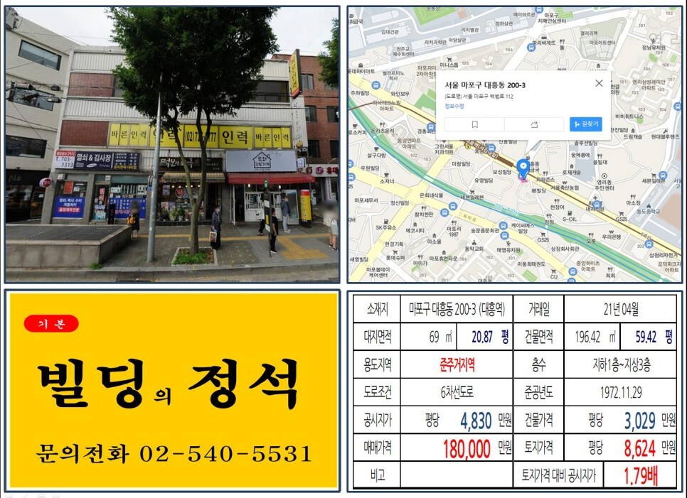 마포구 대흥동 200-3번지 건물이 2021년 04월 매매 되었습니다.