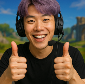 남성이 게임에서 이기고 양손 엄지척하고 있는 모습 이미지