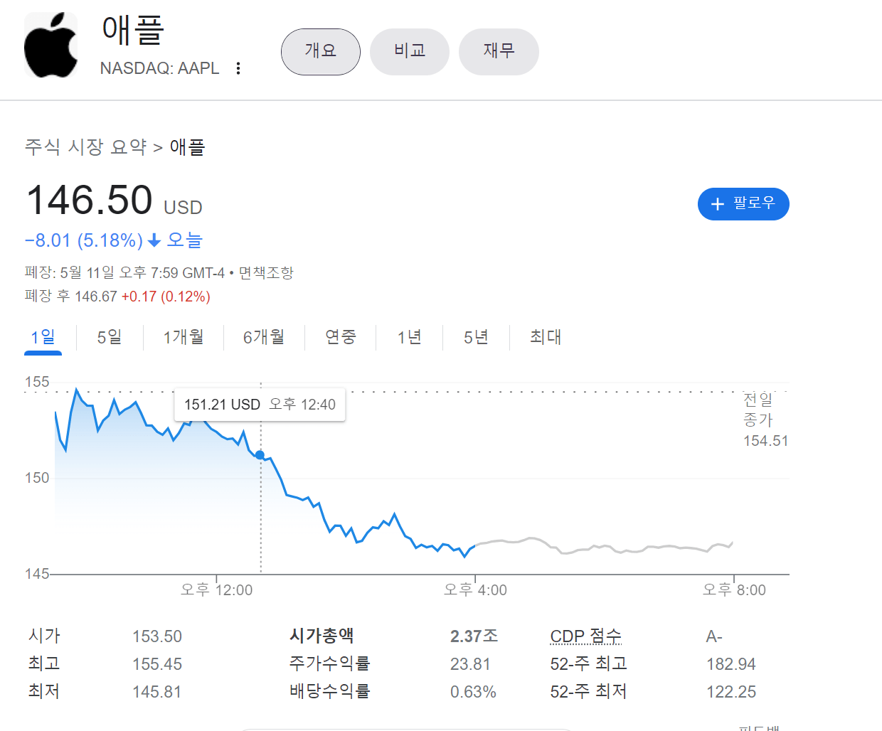 애플 오늘 주가 캡쳐사진