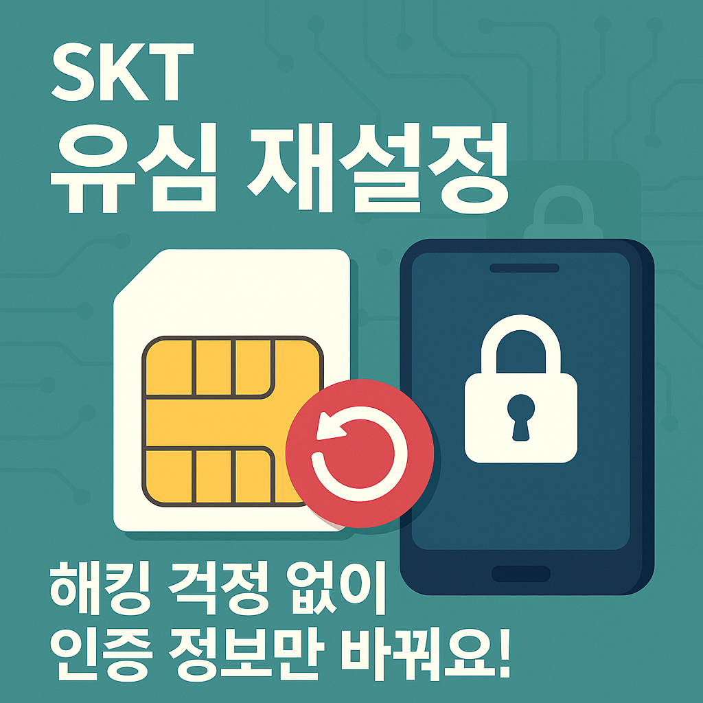 SKT 유심 재설정 안내. 유심 칩과 스마트폰 자물쇠 아이콘이 함께 배치되어 해킹 걱정 없이 인증 정보만 초기화되는 것을 시각적으로 설명한 인포그래픽