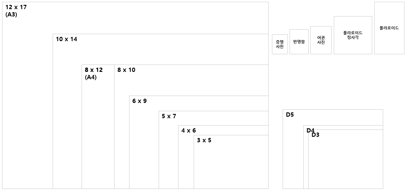 3x5-4x6-5x7-6x9-8x10-8x12-10x14-12x17-D3-D4-D5-증명사진-반명함-여권-폴라로이드-사진-크기-비교