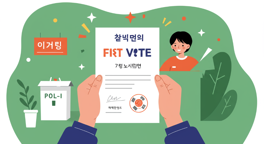 첫 투표를 기념하며 개성 있는 캐릭터 투표 인증용지를 들고 있는 청년 유권자의 손. 밝고 활기찬 분위기 속에서 새로운 투표 문화를 상징함.