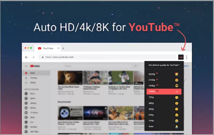 YouTube&trade; 비디오 용 HD/4k/8k 모드로 자동 재생