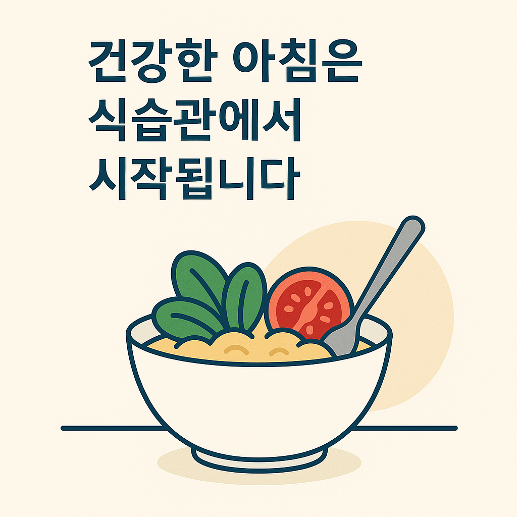 A flat-style digital illustration of a salad bowl with a spoon, featuring the Korean text "건강한 아침은 식습관에서 시작됩니다" meaning "A healthy morning starts with eating habits