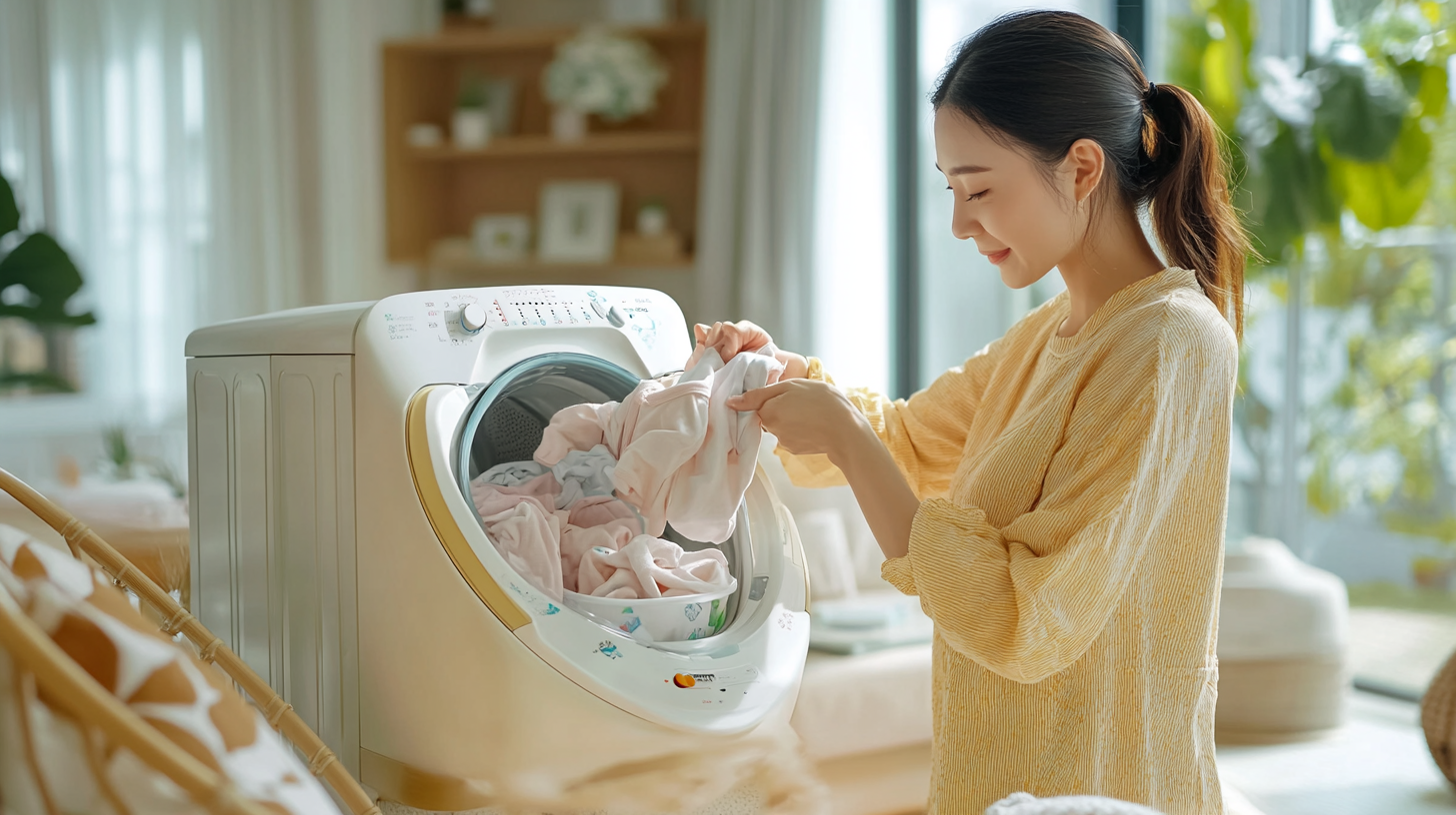 가족 친화적인 집에서 어머니가 아기 옷을 부드럽게 세탁기에 넣고 있는 장면, 밝고 따뜻한 분위기