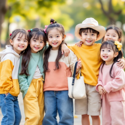 6명의 아이들이 함께 다정하게 사진 찍는 포즈로 서있는 이미지 