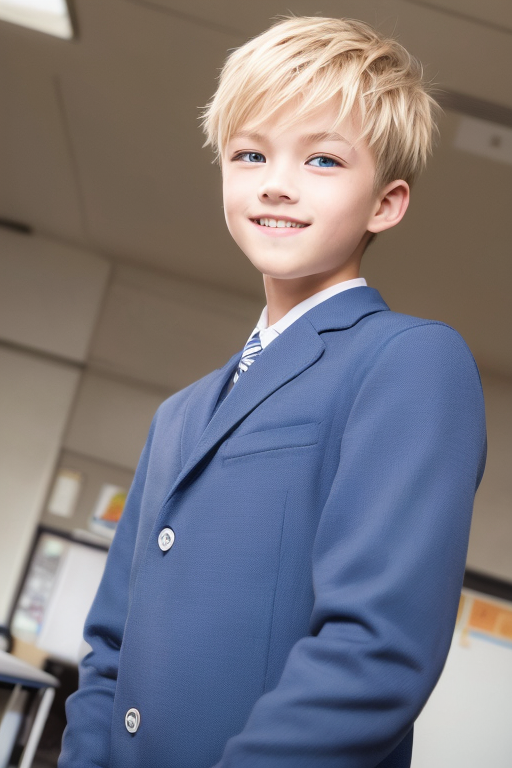  [Boy-145] Free image of a handsome blond-haired & blue-eyed boy (student) in a classroom