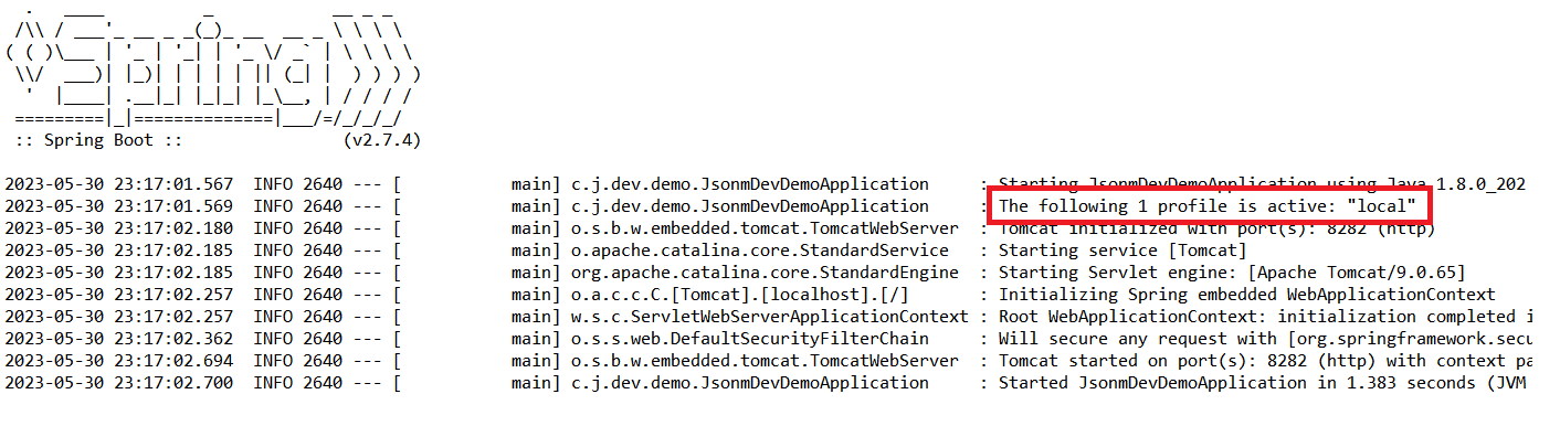Springboot Application 기동 화면 - local profile이 Active 상태 인 것을 확인 할 수 있다.