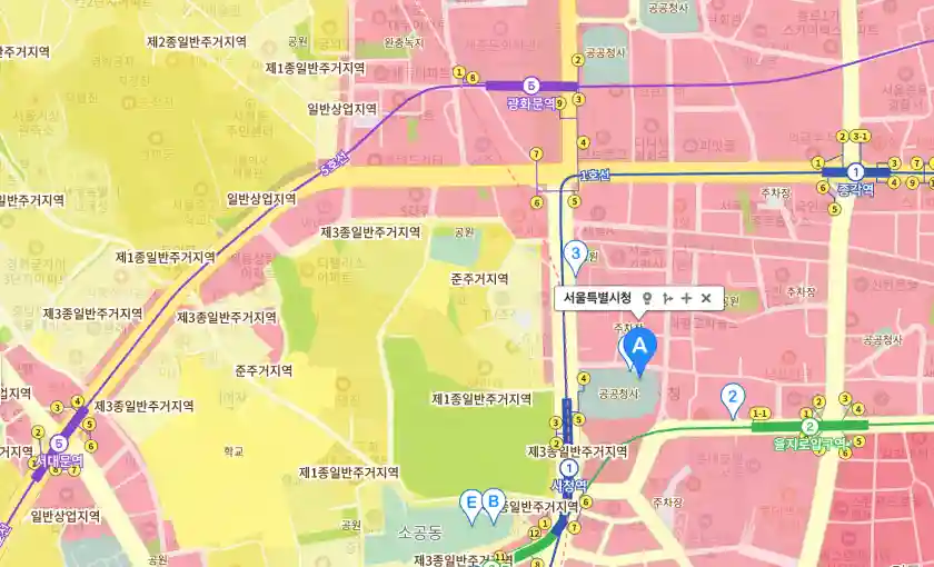 카카오맵에서 지적편집도 보는 법-카카오맵에서 서울 시청 근처의 지적편집도 레이어를 보는 화면입니다.