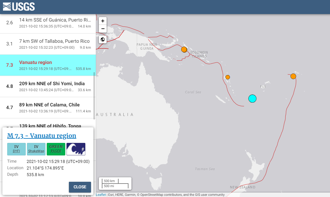 바누아투-지진확인-USGS-미국지질조사국-홈페이지-메인화면