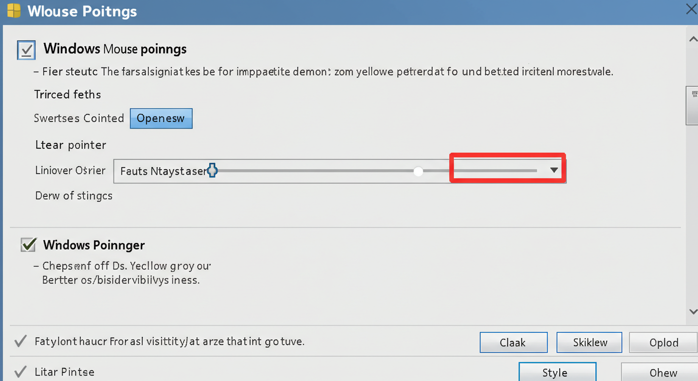 (Image Prompt: Screenshot showing the Windows Mouse Pointer settings. The size slider is increased, and a bright color like yellow or green is selected for the pointer for better visibility. Style: Clear settings screenshot.)