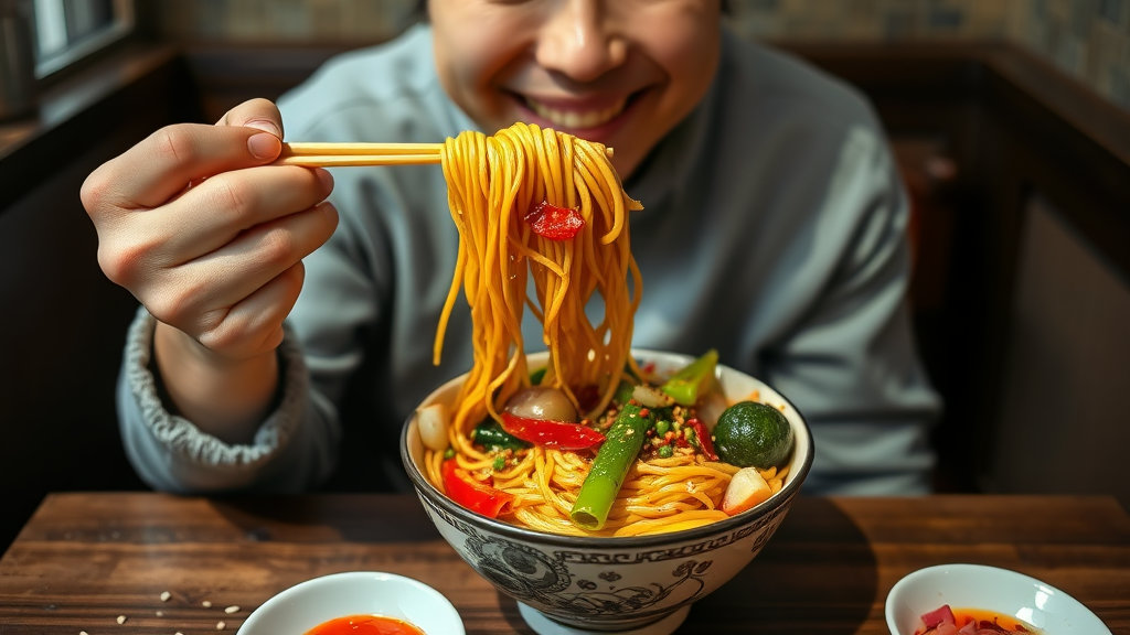 한 사람이 골뱅이비빔국수 한 그릇을 앞에 두고 맛있게 먹고 있는 모습. 간편하지만 만족스러운 식사를 표현.