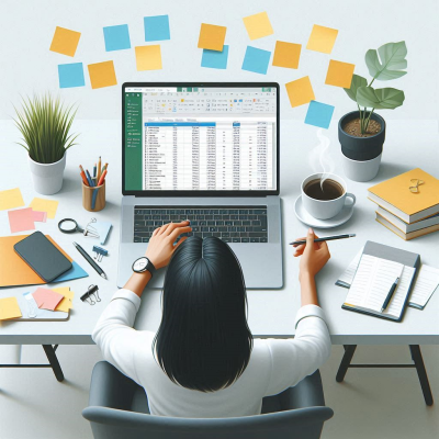 다양한 포스트잇과 함께 Excel 화면을 보여주는 책상입니다.