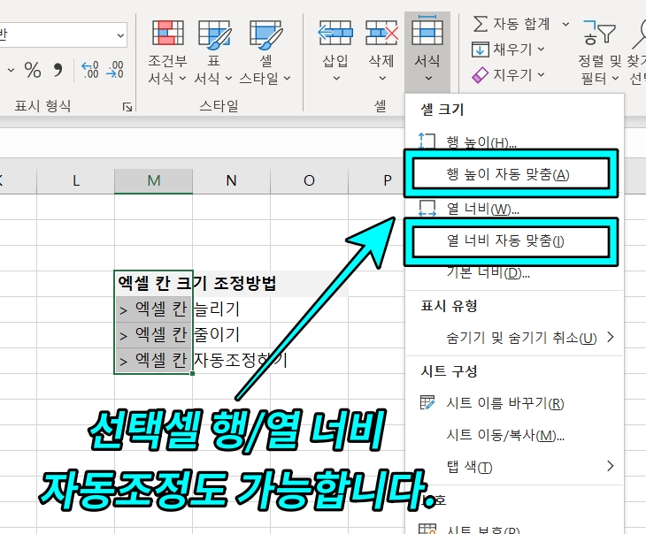 셀 선택 후 크기조정