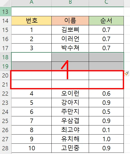 엑셀에서 행이 삽입된 모습