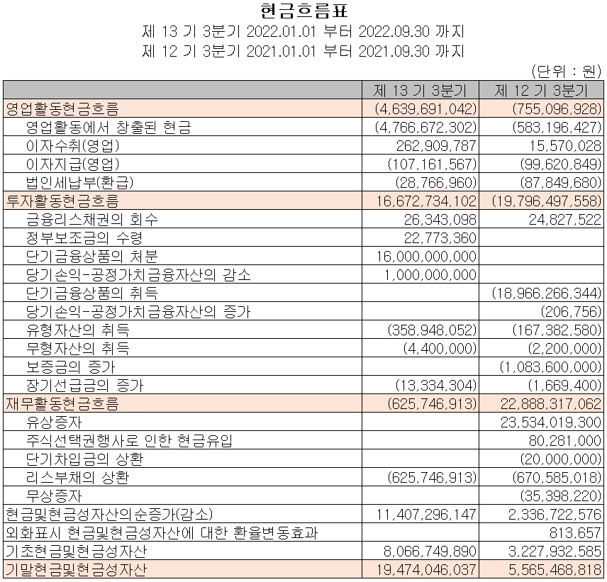 씨이랩 - 현금흐름표