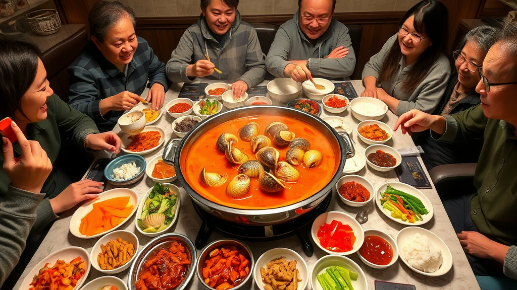 식탁 위에 푸짐하게 차려진 골뱅이탕. 주변에는 다양한 반찬과 함께 여러 사람이 즐겁게 식사하는 듯한 분위기.