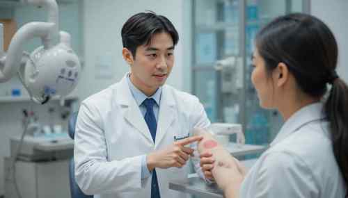 병원에서 피부 가려움증을 상담하는 한국 남성과 의사