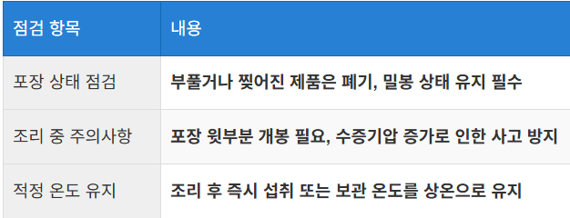 포장 상태 확인과 조리 시 주의점