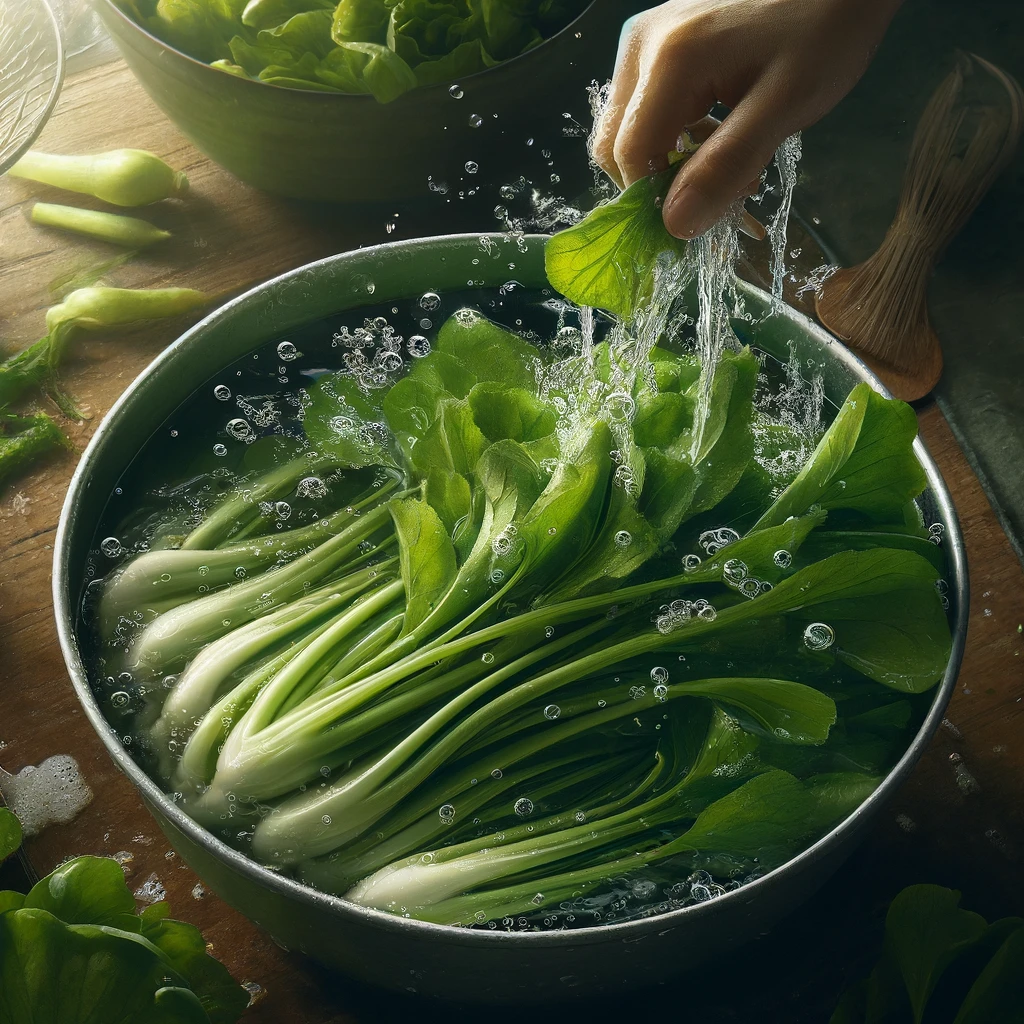 세척 중인 무청 시래기 - 큰 물그릇에서 씻는 장면
