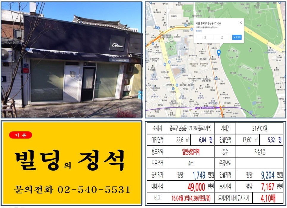  [종로구 경복궁 4억 꼬마빌딩 실거래가 조회] 권농동 171-26 (종로3가역) 4억 9,000만 원, 평당 7,167만 원 매매되었습니다.