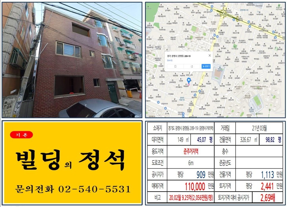 [경기도 광명시 광명새마을시장 준주거지역 10억 꼬마빌딩 실거래가 조회] 광명동 289-19 (광명사거리역) 11억 원, 평당 2,441만 원 매매되었습니다.