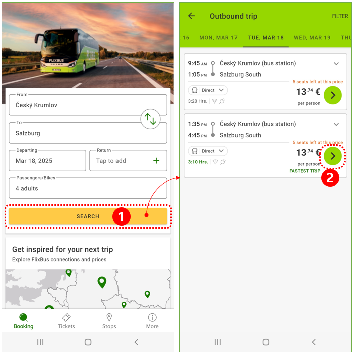 FlixBus 모바일 앱(안드로이드) 예약 과정 - 버스 시간 조회(버스 찾기)