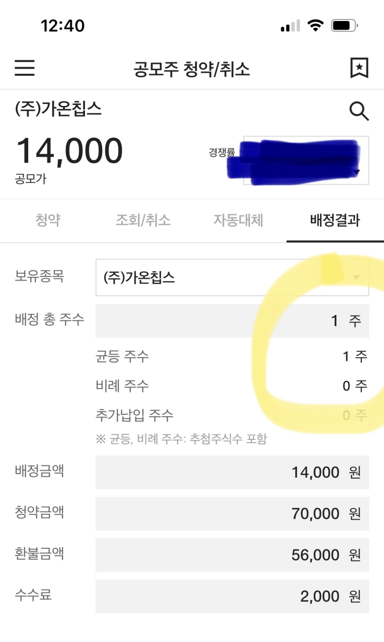 가온칩스 최소청약주수 청약결과 1주 배정