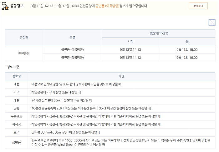 공항경보 확인