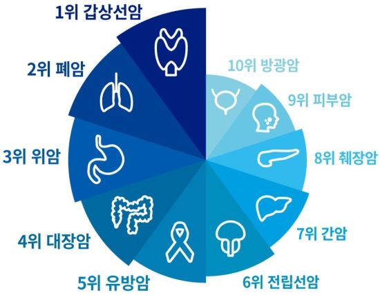 한국인이 가장 많이 걸리는 10대 암 관련 원그래프 이미지