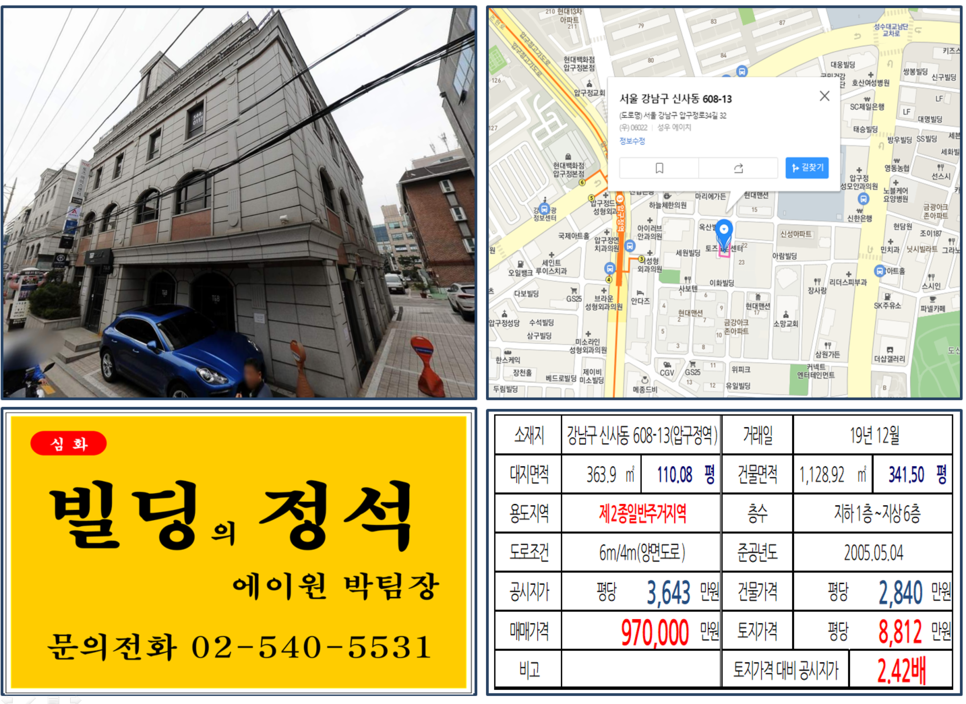  [강남구 압구정역 임대수익용, 사옥용빌딩 실거래가 조회] 신사동 608-13 (압구정역) 97억 원, 평당 8,812만 원, 압구정역 역세권 투