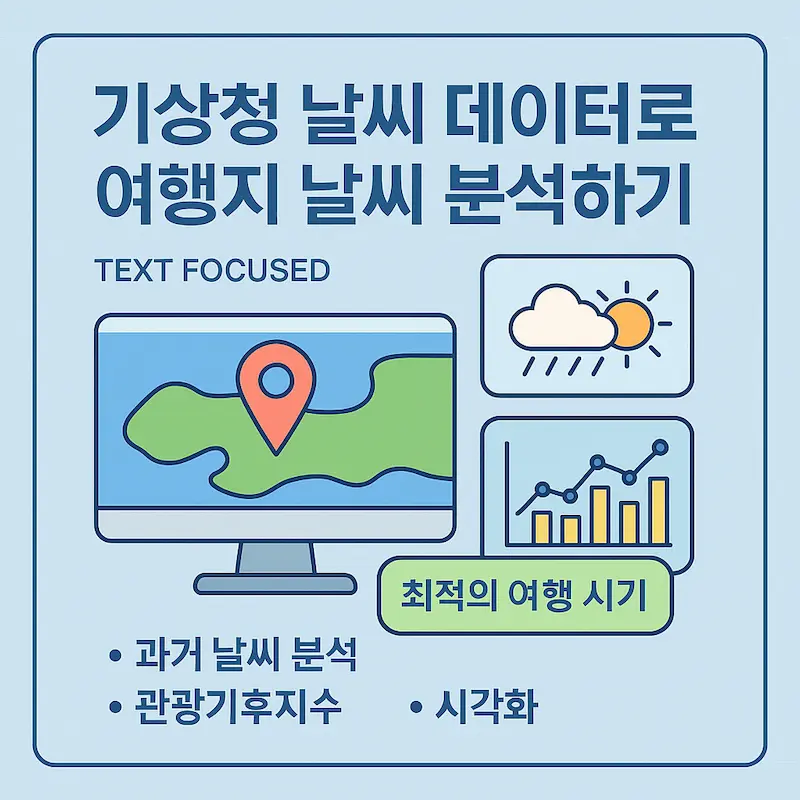 기상청 날씨 데이터를 활용해 여행지의 날씨 패턴을 분석하고 최적의 여행 시기를 추천하는 인포그래픽 스타일 이미지