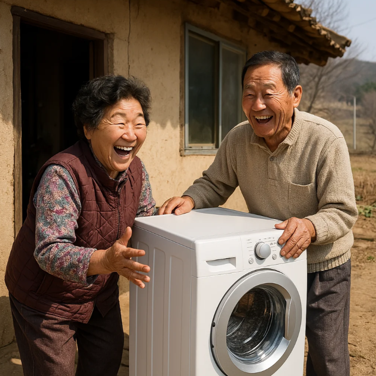 시골에 사시는 부모님이 딸이 보낸 새 세탁기를 받고 매우 기뻐하시는 모습