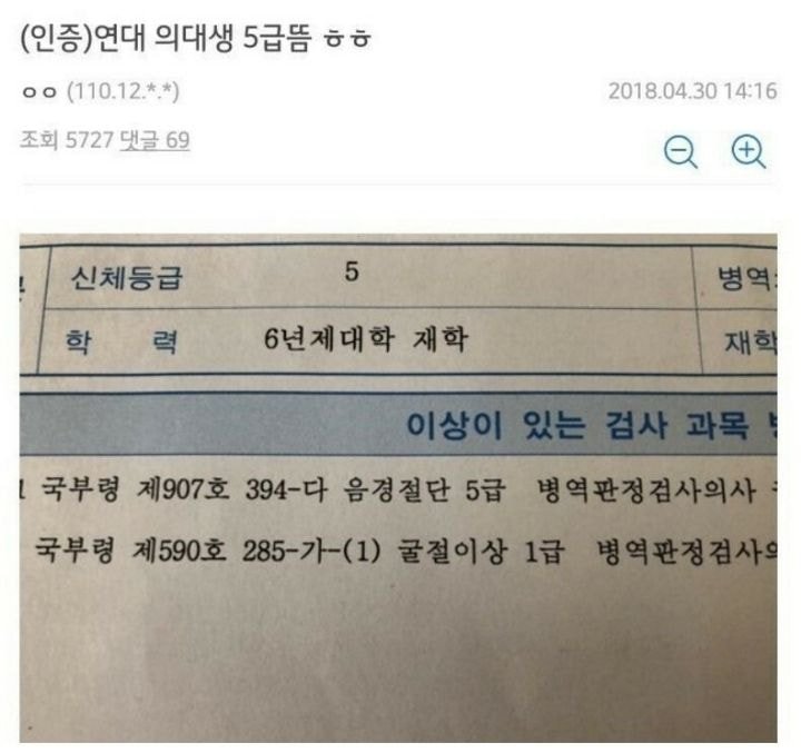  연세대 의대생 5급뜸