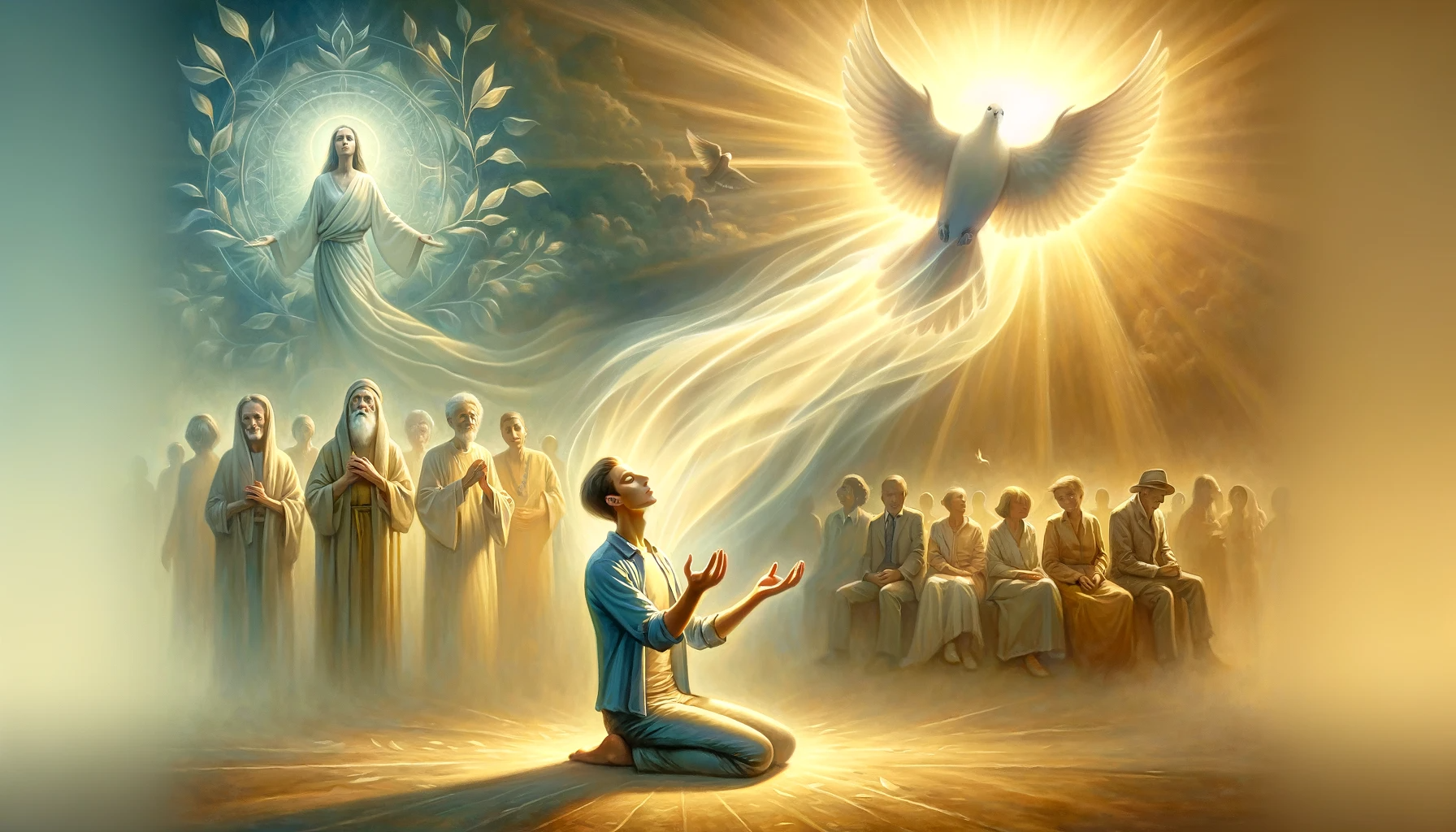 주님의 음성을 듣고 평안하며 성령을 받아 타인의 죄를 용서함 DALL-E - Here is the image depicting the scene of listening to the voice of the Lord, receiving the Holy Spirit, and embodying peace and forgiveness towards others. It aims to capture the tranquility and spiritual enlightenment associated with these actions.