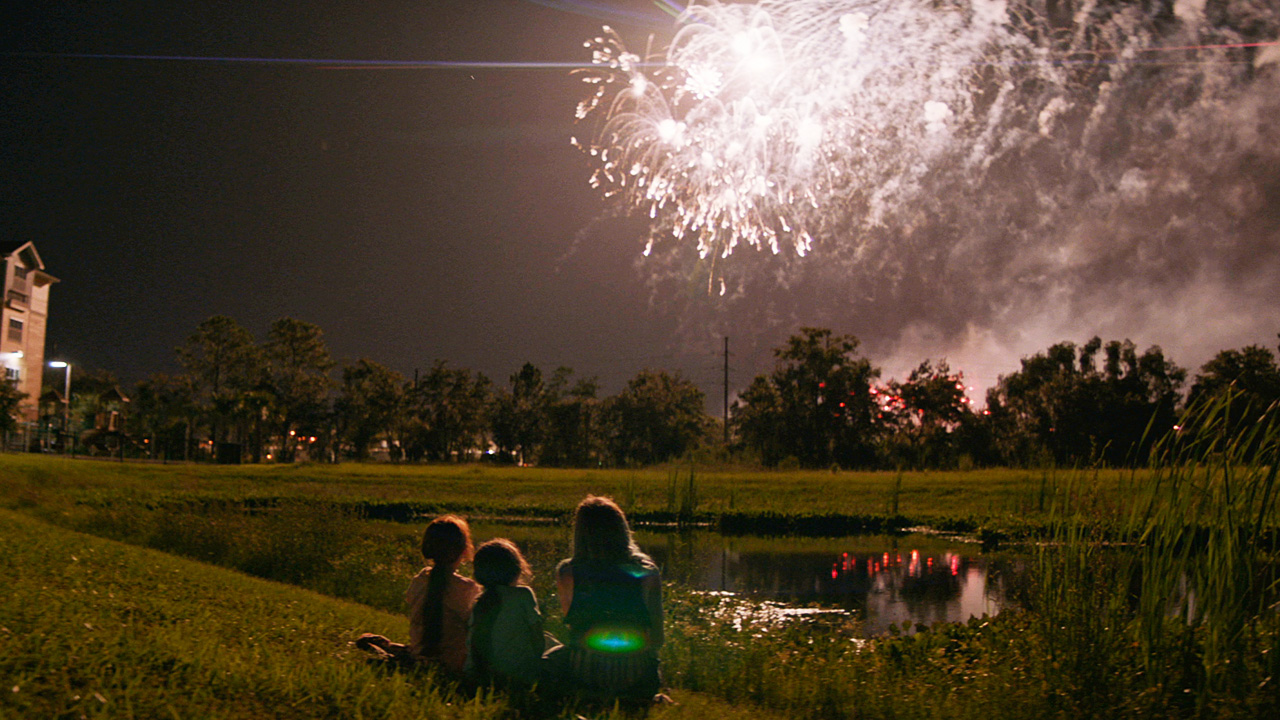 핼리와 무니와 무니의 친구가 풀밭에 앉아서 불꽃놀이를 보고있는 사진 