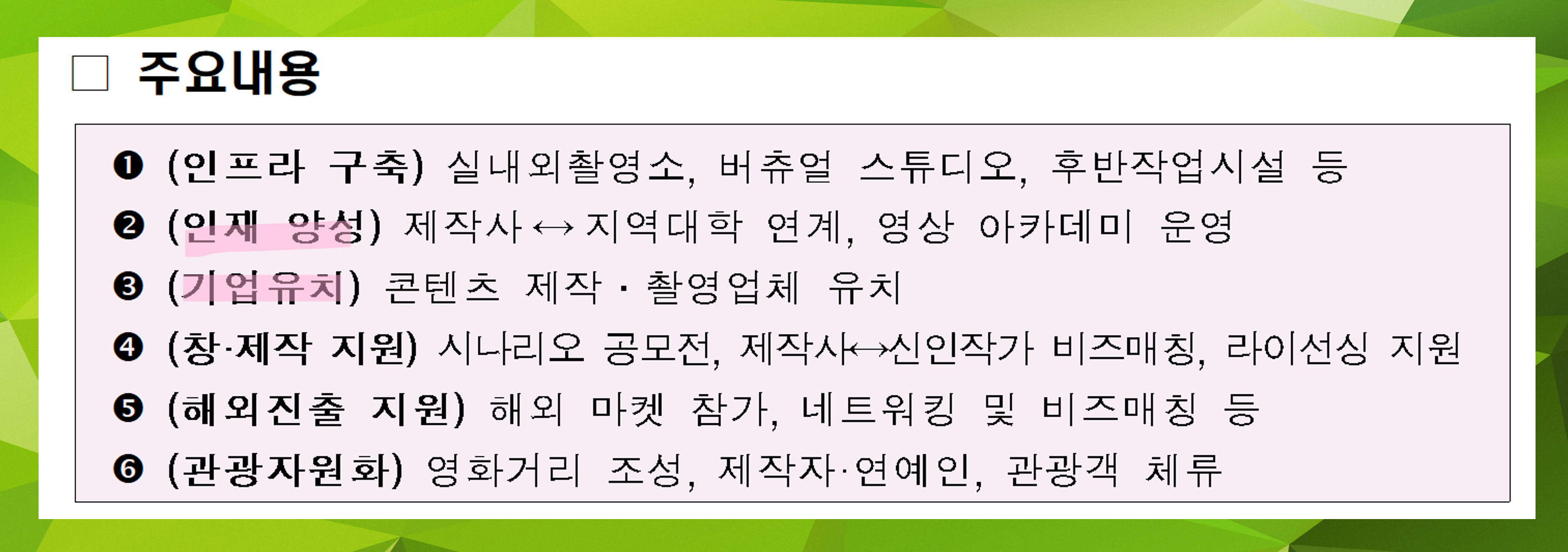 인프라 구축과 인재양성 등에 대한 주요 내용음 설명하고 있다