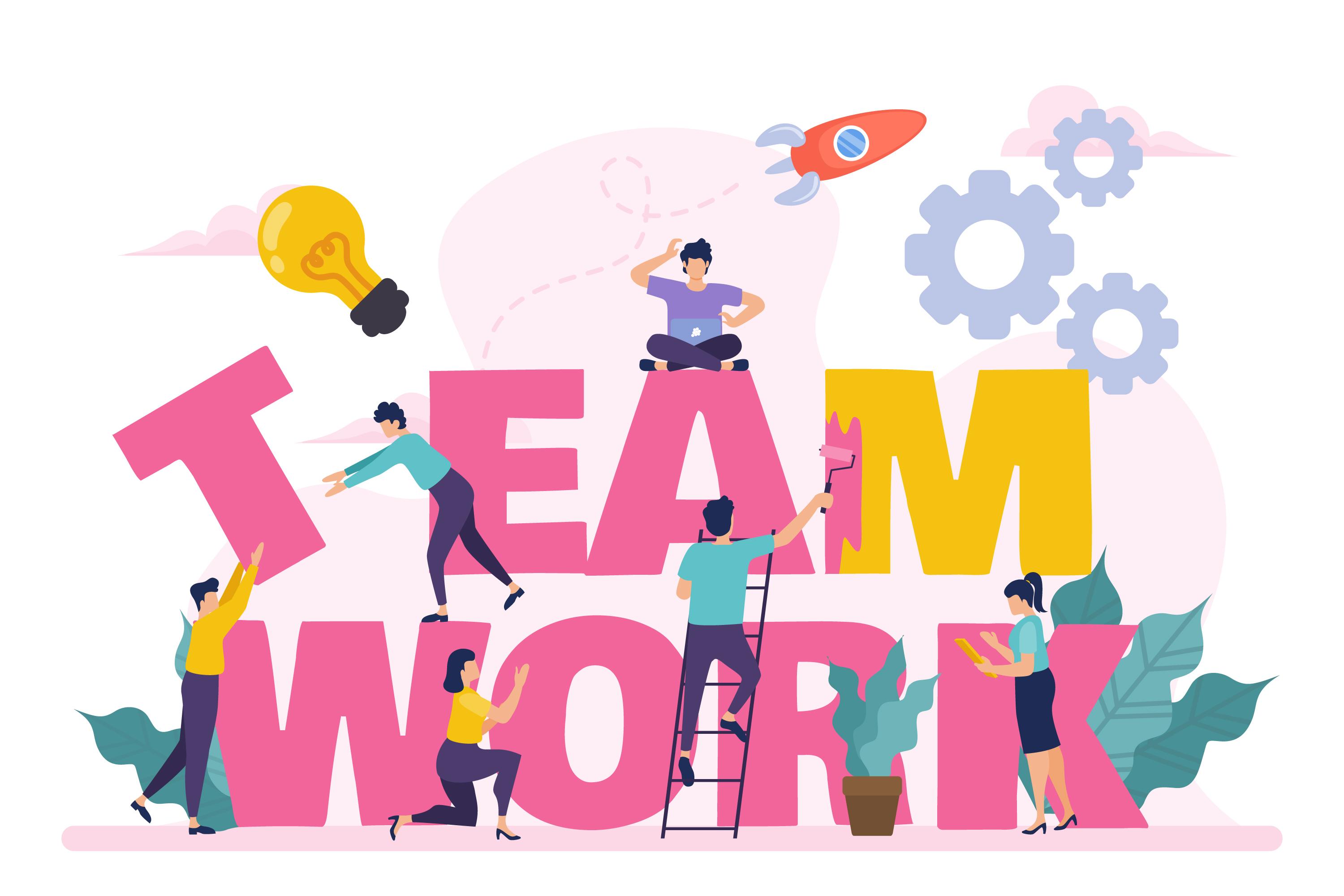 "TEAM WORK" 글자를 중심으로 협업 장면을 묘사한 일러스트이다. 여러 사람들이 함께 글자를 만들고 있으며, 아이디어 전구, 로켓, 기어 같은 요소들이 팀워크를 통한 혁신과 생산성 향상을 상징한다. 사람들이 함께 일하며 서로 도와 목표를 달성하는 협업의 중요성을 표현했다.