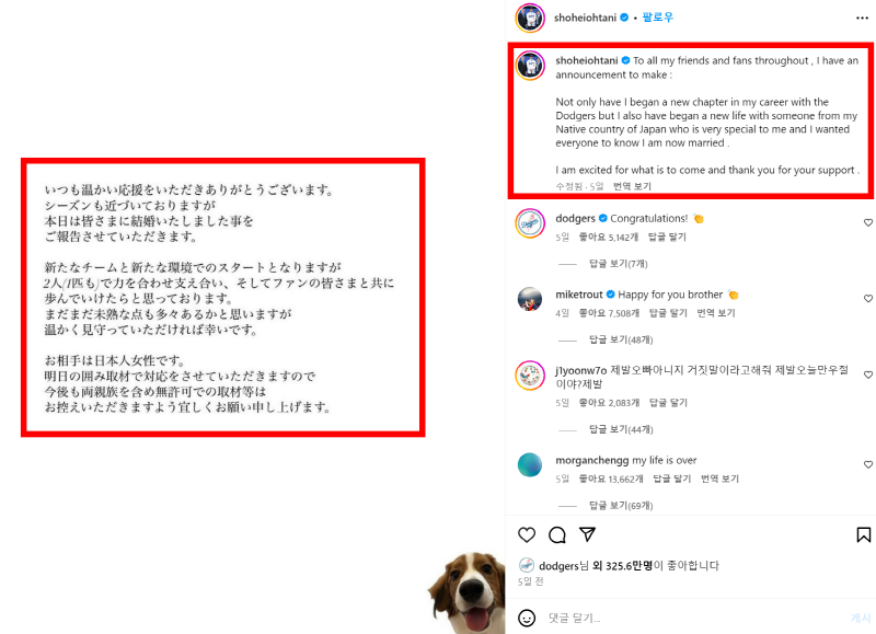 오타니 쇼헤이의 결혼발표(출처: 오타니 쇼헤이 SNS)
